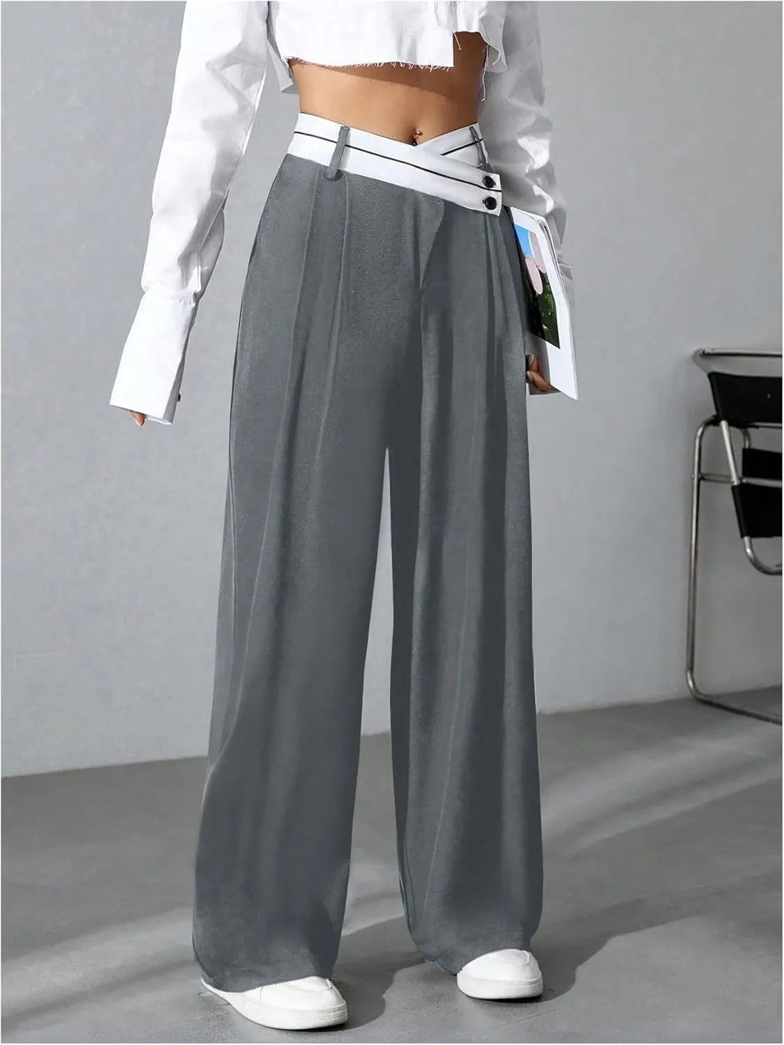 Verdusa Women's Color Block Asymmetrical High Waist Button Trousers Straight Leg Long Pants