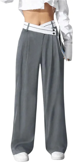 Verdusa Women's Color Block Asymmetrical High Waist Button Trousers Straight Leg Long Pants