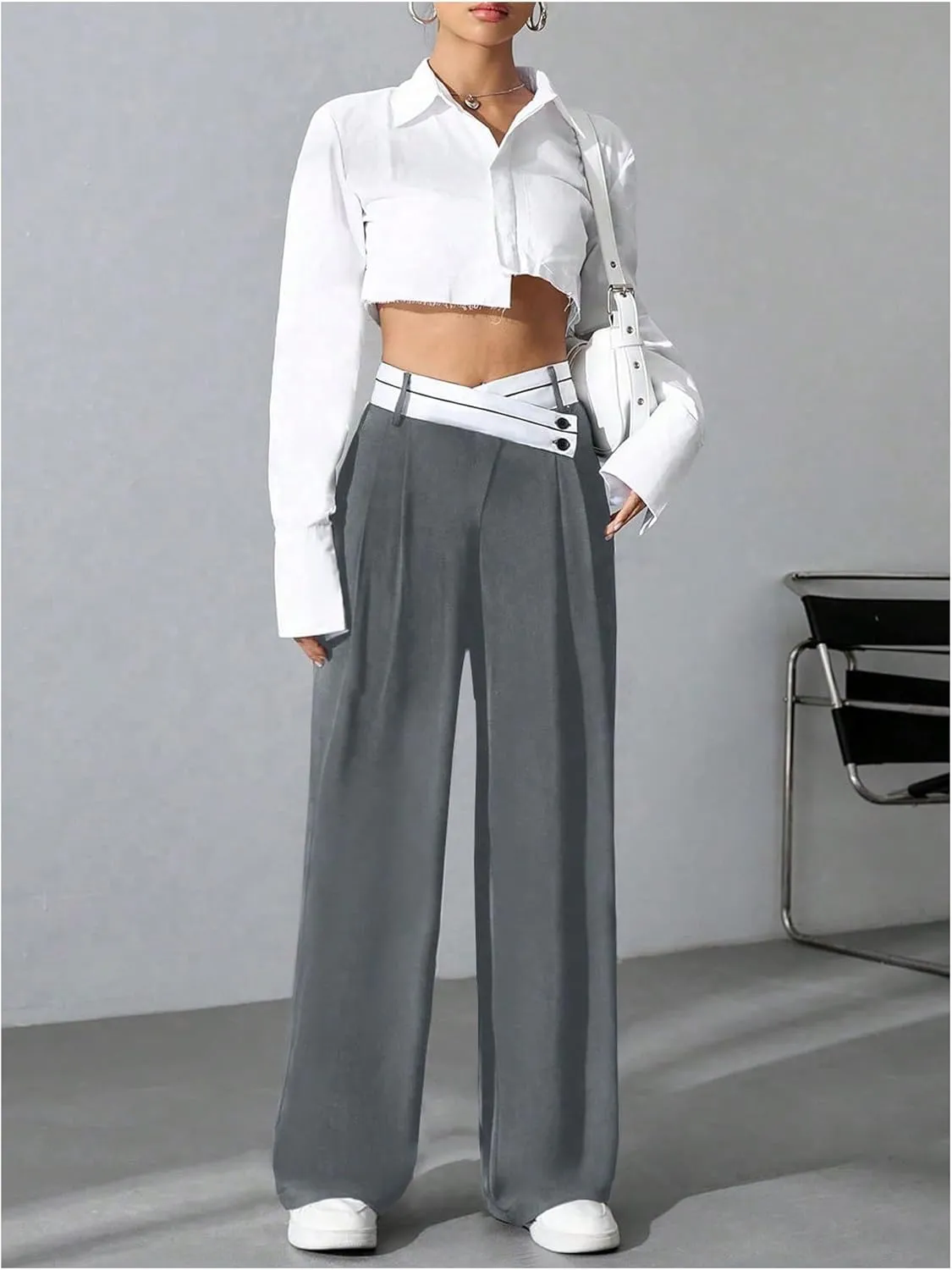 Verdusa Women's Color Block Asymmetrical High Waist Button Trousers Straight Leg Long Pants