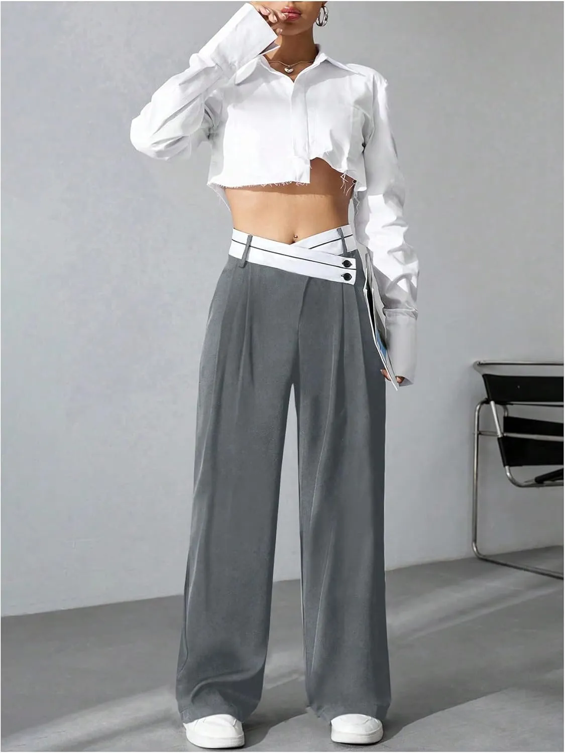 Verdusa Women's Color Block Asymmetrical High Waist Button Trousers Straight Leg Long Pants