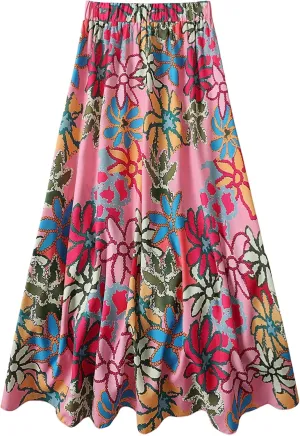 Verdusa Women's Floral Flowy Boho Skirt Hawaiian Elastic High Waist Flared Western Long Skirts