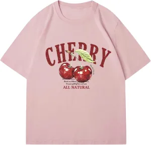 Verdusa Women's Fruit Letter Print Oversized T Shirt Retro Vintage Round Neck Drop Shoulder Tee Tops