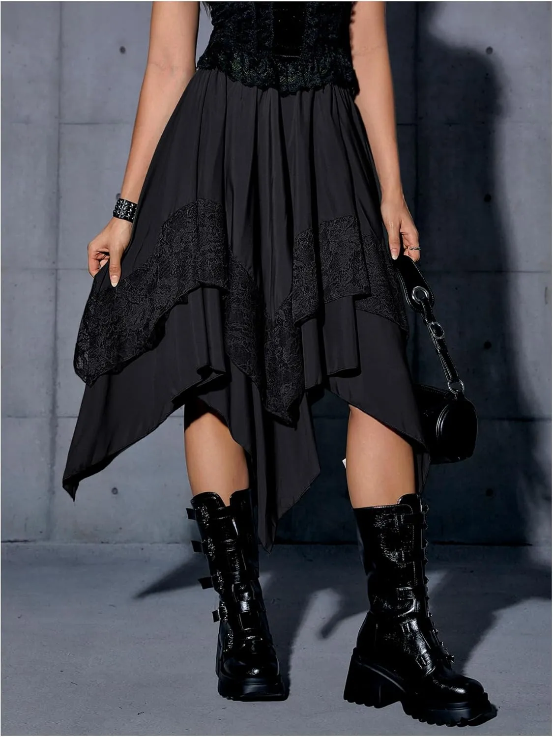 Verdusa Women's Renaissance Flowy Fairy Skirt Y2k Contrast Lace Layered Asymmetrical Midi Skirts