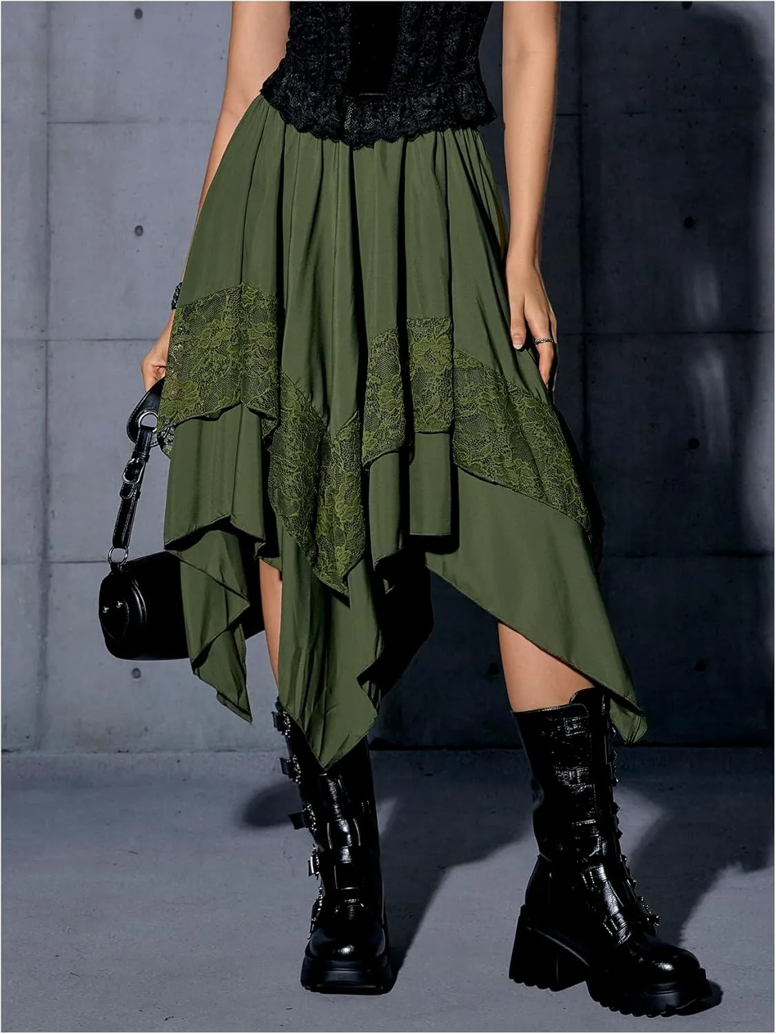 Verdusa Women's Renaissance Flowy Fairy Skirt Y2k Contrast Lace Layered Asymmetrical Midi Skirts