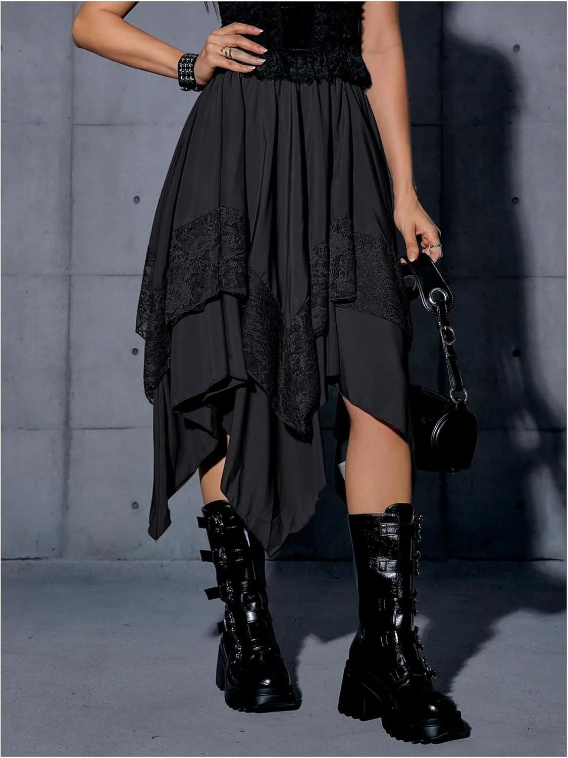 Verdusa Women's Renaissance Flowy Fairy Skirt Y2k Contrast Lace Layered Asymmetrical Midi Skirts
