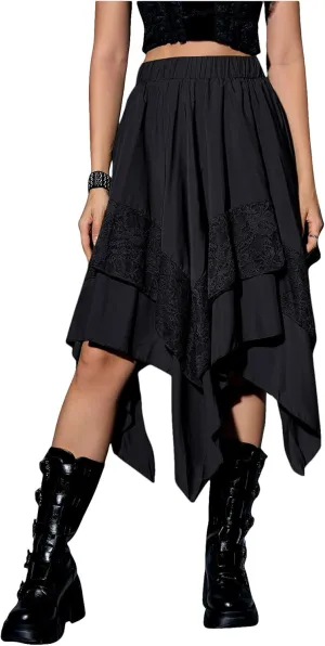 Verdusa Women's Renaissance Flowy Fairy Skirt Y2k Contrast Lace Layered Asymmetrical Midi Skirts