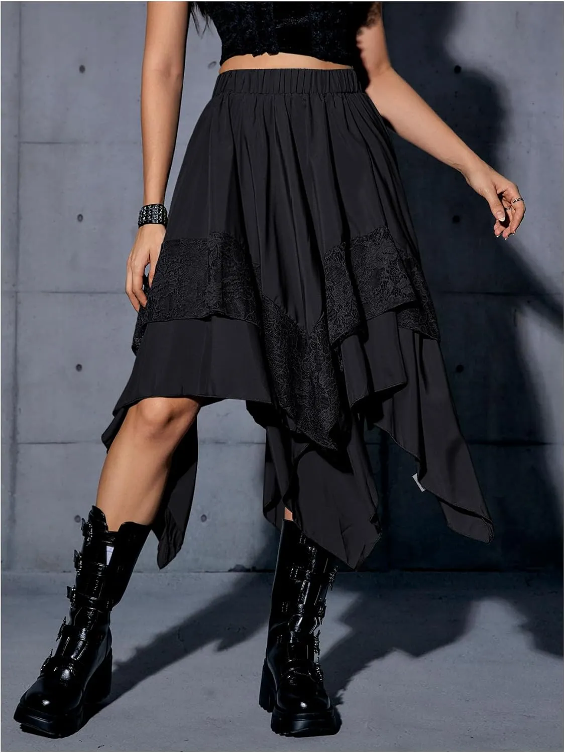 Verdusa Women's Renaissance Flowy Fairy Skirt Y2k Contrast Lace Layered Asymmetrical Midi Skirts