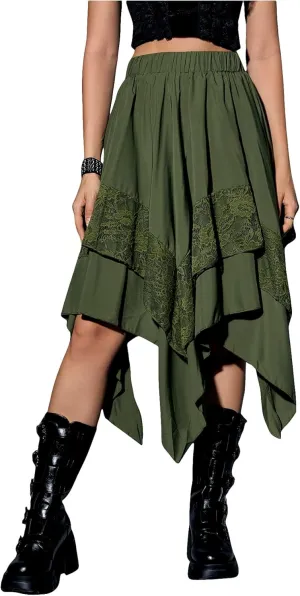 Verdusa Women's Renaissance Flowy Fairy Skirt Y2k Contrast Lace Layered Asymmetrical Midi Skirts