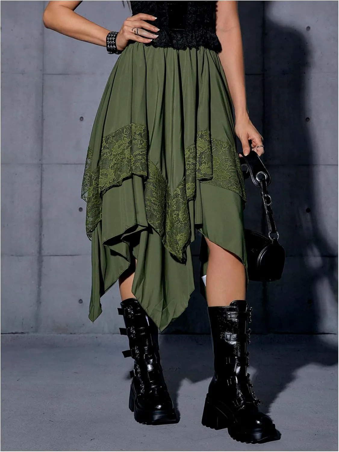 Verdusa Women's Renaissance Flowy Fairy Skirt Y2k Contrast Lace Layered Asymmetrical Midi Skirts