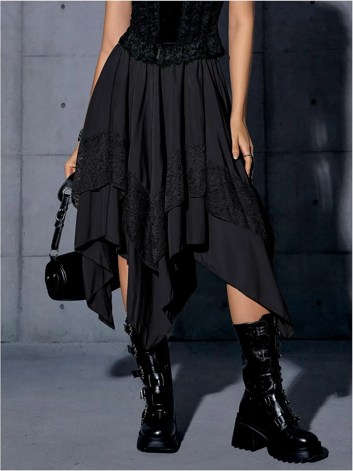 Verdusa Women's Renaissance Flowy Fairy Skirt Y2k Contrast Lace Layered Asymmetrical Midi Skirts