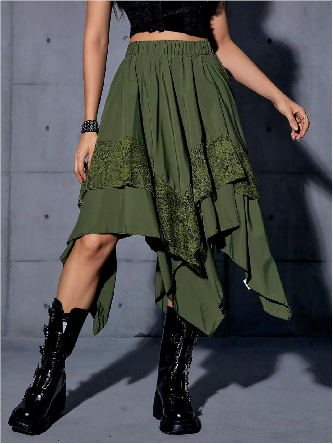 Verdusa Women's Renaissance Flowy Fairy Skirt Y2k Contrast Lace Layered Asymmetrical Midi Skirts