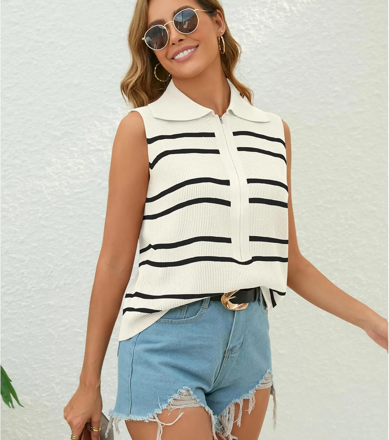 Vest Tops for Women Striped Sweater Zip Up V Neck Cap Sleeve Tops Crochet Cropped Casual Pullover Tank Top