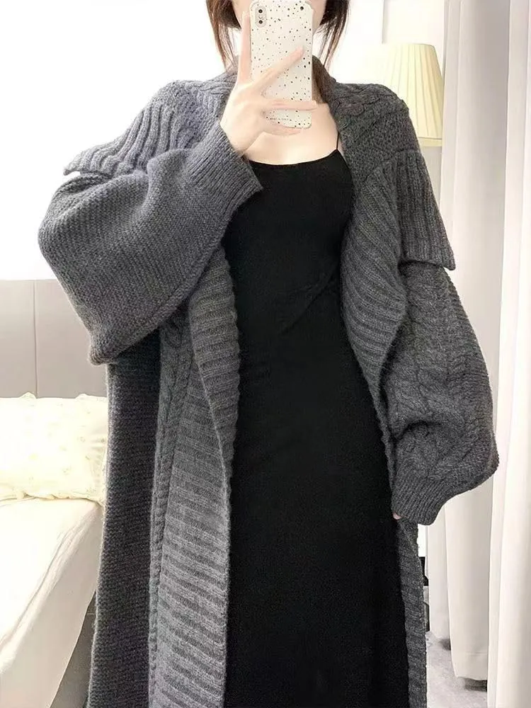 Vintage Lapel Long Sweater Coat 2023 New Loose Large Size Knit Cardigan Large Lapel Long Lazy Style Knit Sweater Coat