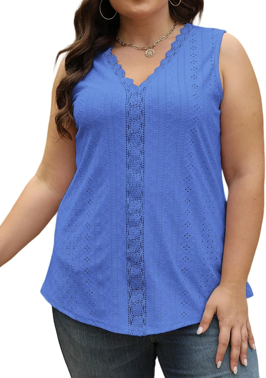 VISLILY Womens-Plus-Size-Summer-Tank-Tops 2025 Cute Lace V Neck T Shirts Casual Sleeveless Blouses Trendy Eyelet Tunics Tee