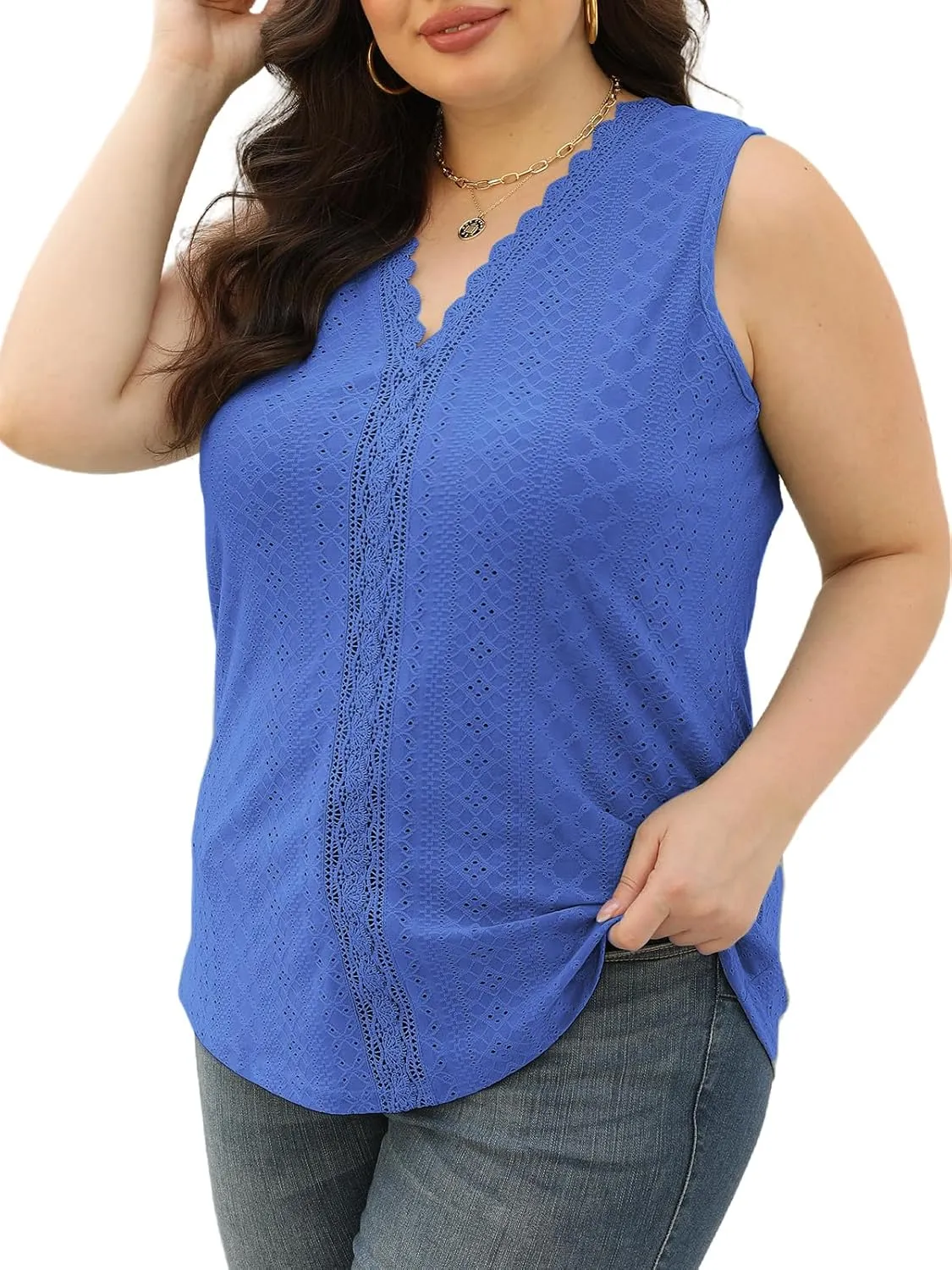 VISLILY Womens-Plus-Size-Summer-Tank-Tops 2025 Cute Lace V Neck T Shirts Casual Sleeveless Blouses Trendy Eyelet Tunics Tee