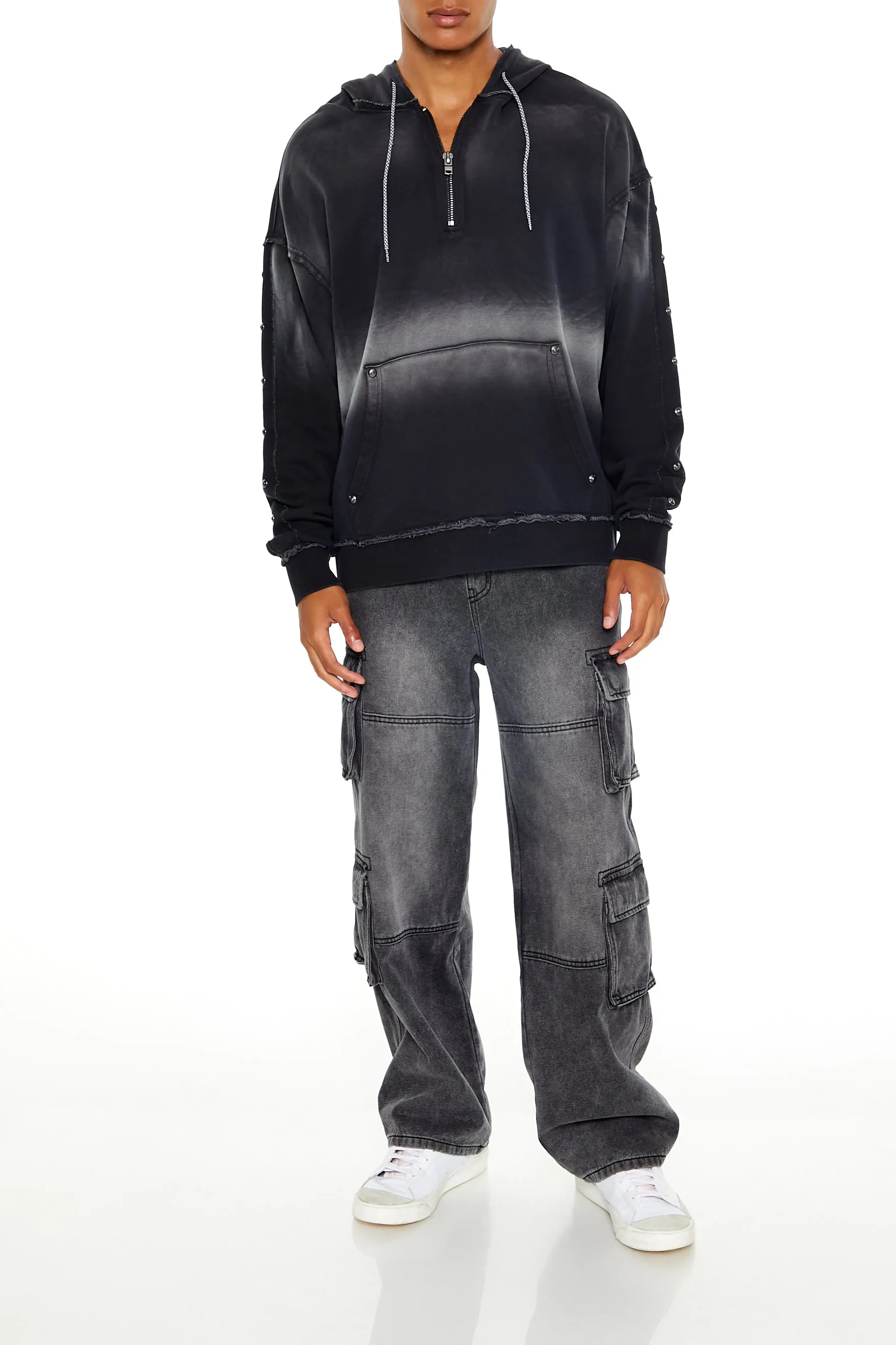 Washed Distressed Quarter Zip-Up Hoodie