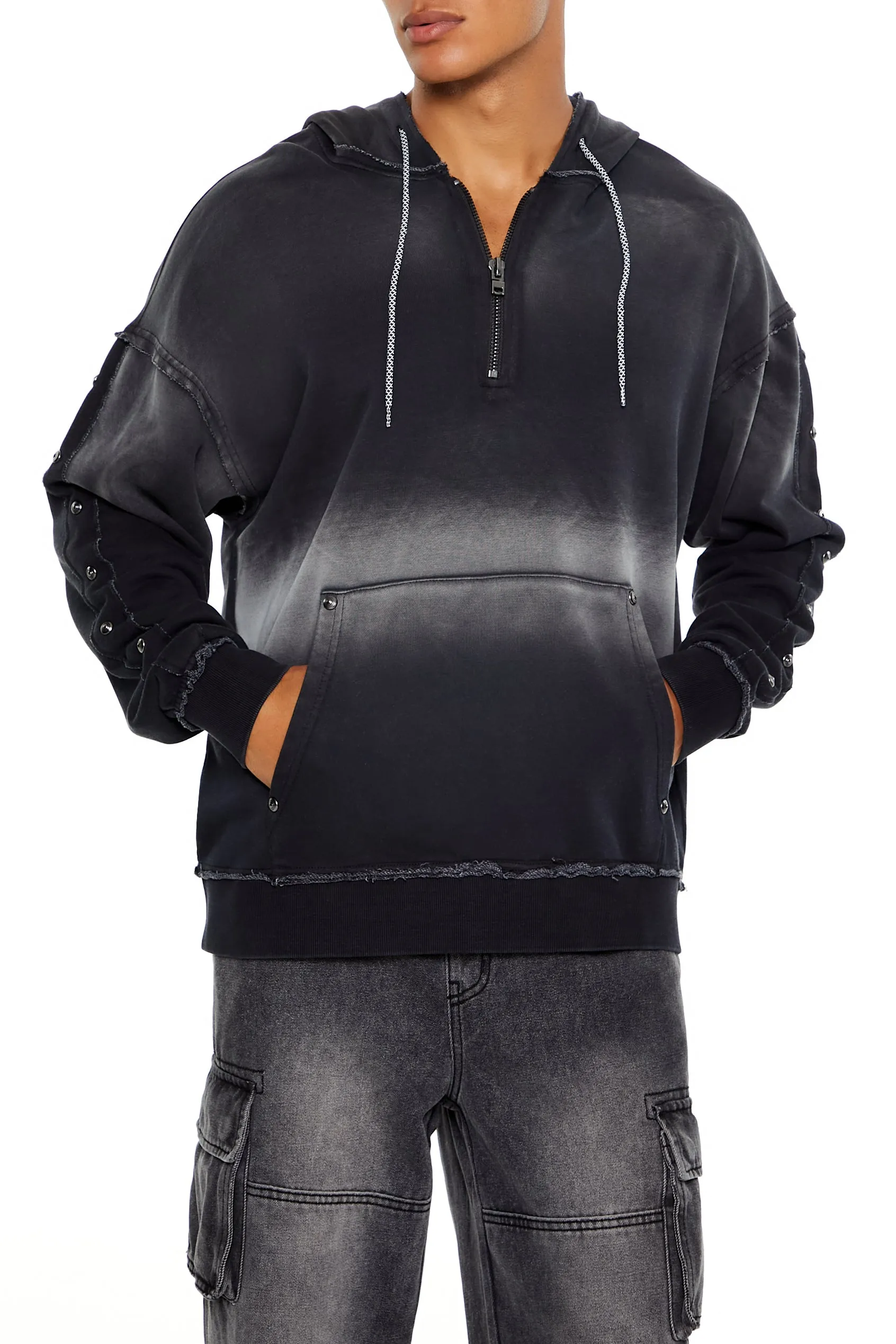 Washed Distressed Quarter Zip-Up Hoodie