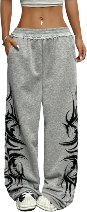 WDIRARA Women's Graphic Elastic Waist Baggy Sweatpants Gothic Punk Wide Leg Pants with Pockets