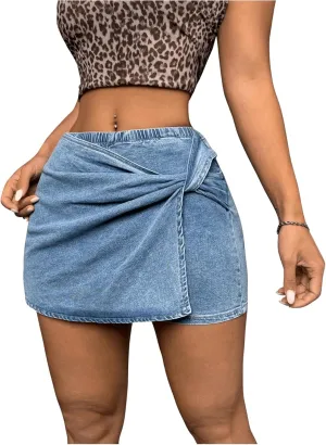 WDIRARA Women's Petite Twist Elastic Waist Denim Skirt Wrap Stretch Skinny Shorts Skort