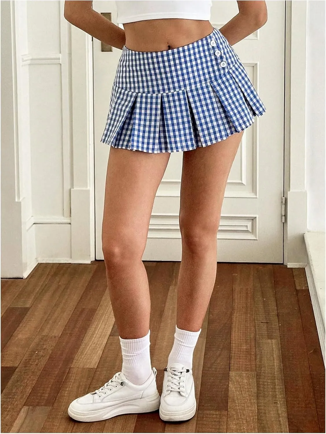WDIRARA Women's Plaid Pleated A Line Mini Skirt Y2k Mid Rise Gingham Skirts