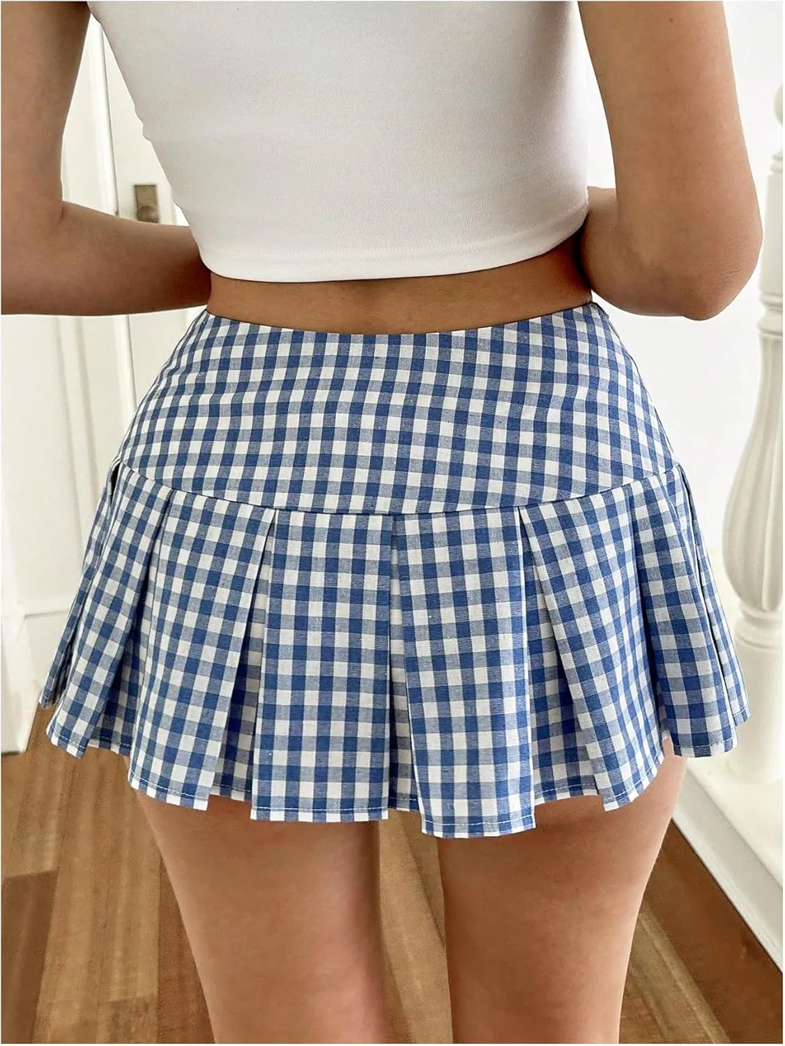 WDIRARA Women's Plaid Pleated A Line Mini Skirt Y2k Mid Rise Gingham Skirts
