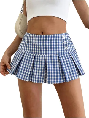 WDIRARA Women's Plaid Pleated A Line Mini Skirt Y2k Mid Rise Gingham Skirts