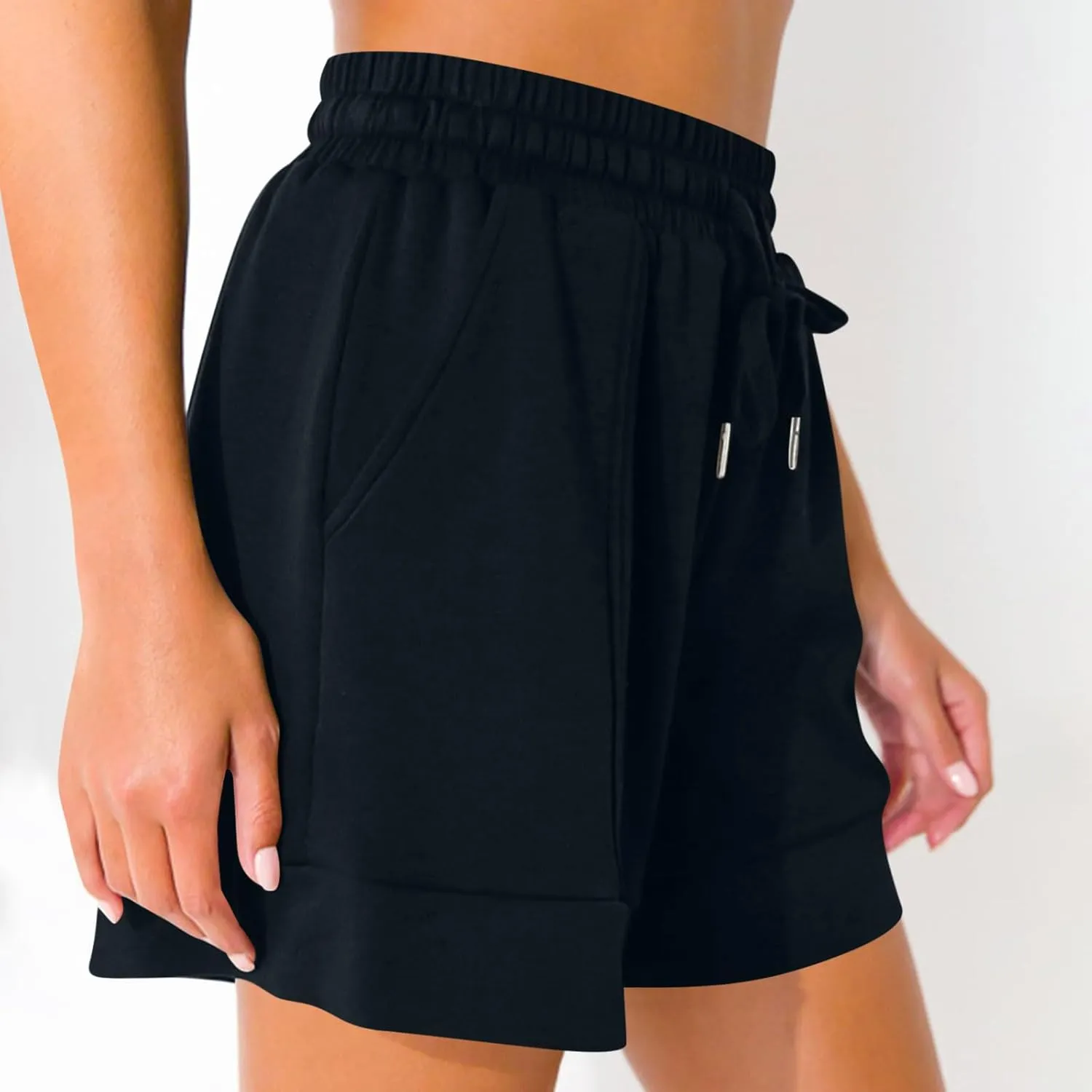 Women Athletic Shorts Casual Solid Stretchy High Waisted Fitness Short Gym Workout Running Shorts with Pockets