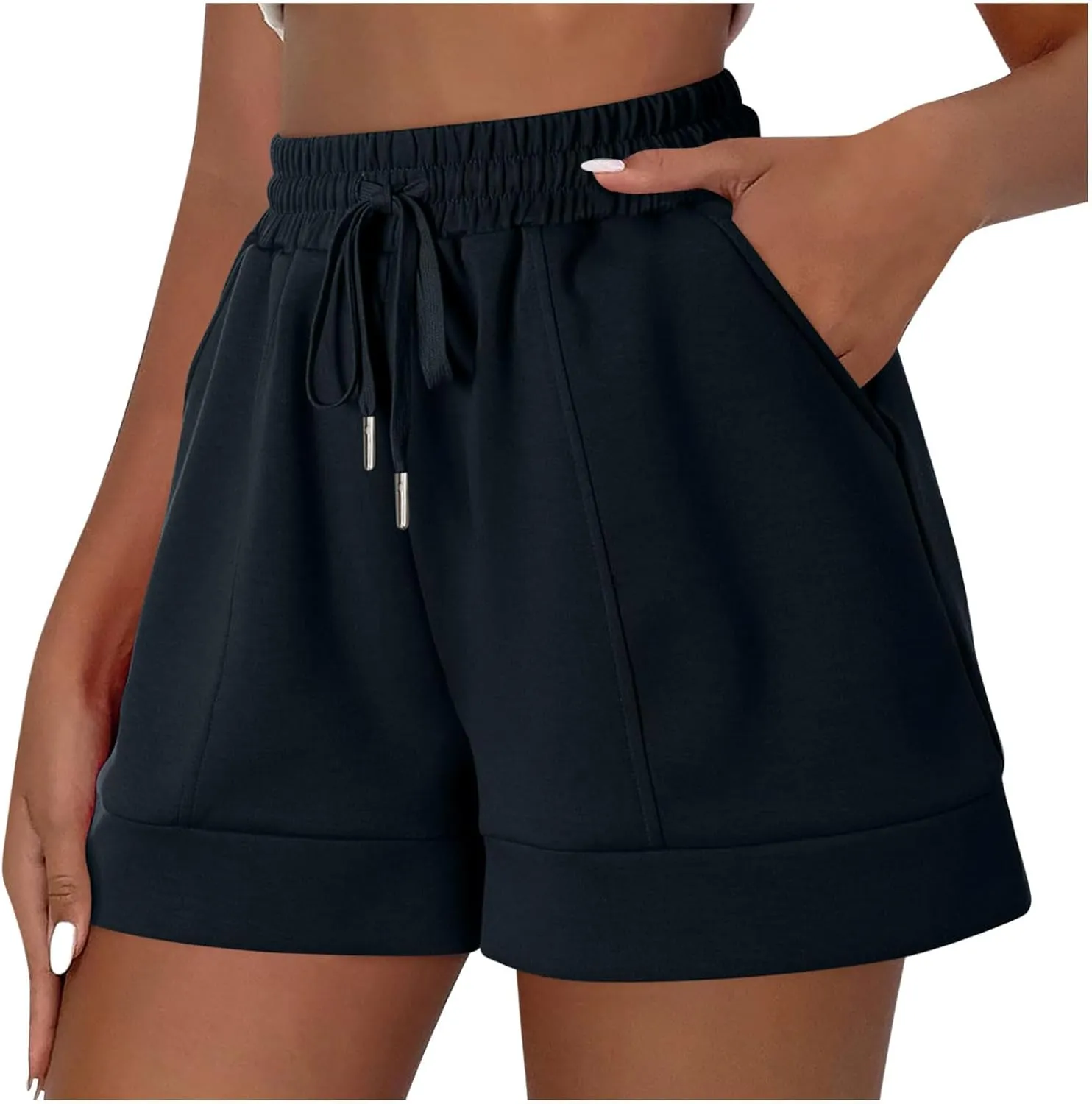 Women Athletic Shorts Casual Solid Stretchy High Waisted Fitness Short Gym Workout Running Shorts with Pockets