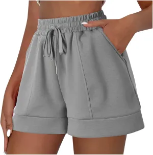 Women Athletic Shorts Casual Solid Stretchy High Waisted Fitness Short Gym Workout Running Shorts with Pockets