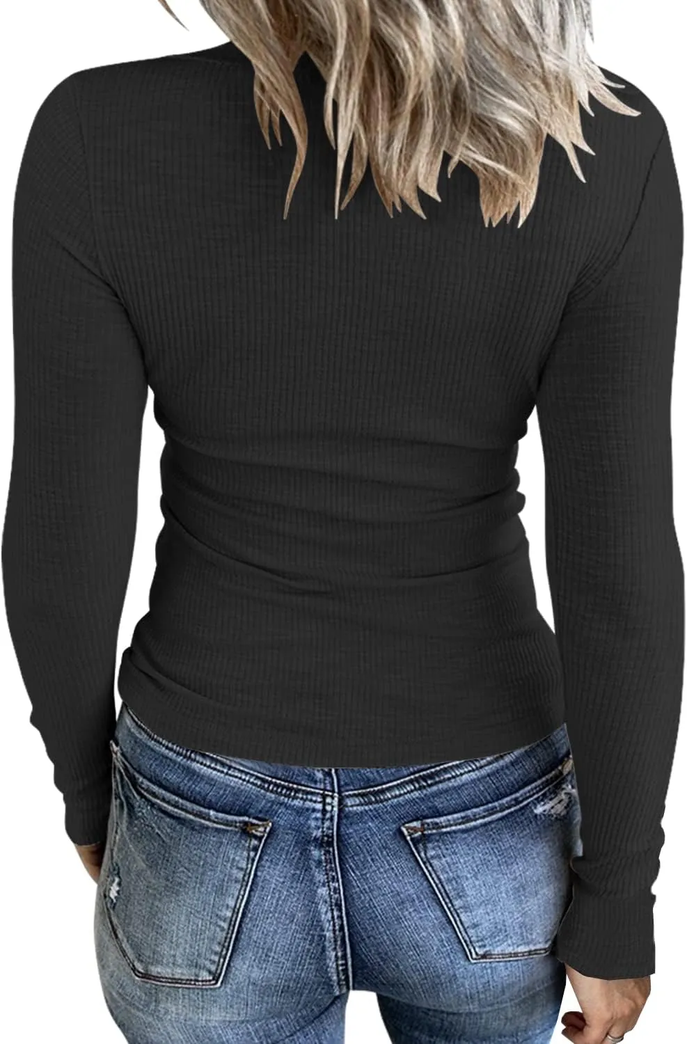 Women Casual Long Sleeve Tunic Tops V-Neck T Shirts Criss Cross Ribbed CasualTee Slim Fitted Fall Blouse