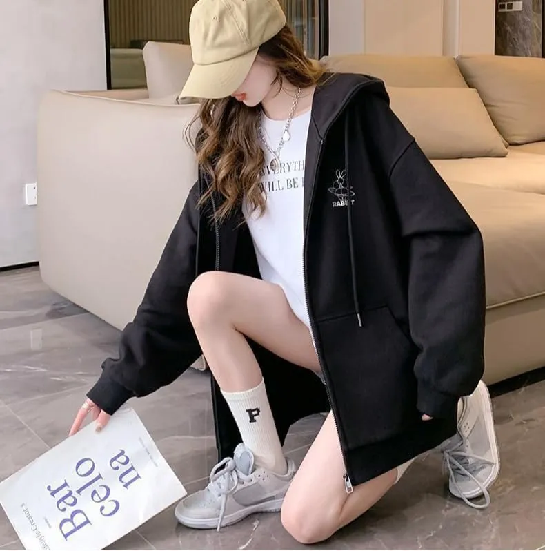 Women Cute Oversized Hoodies Goth Bunny Graphic Zip Up Hoodie Y2K Plain Streetwear Emo Cardigan Jacket Sweatshirts