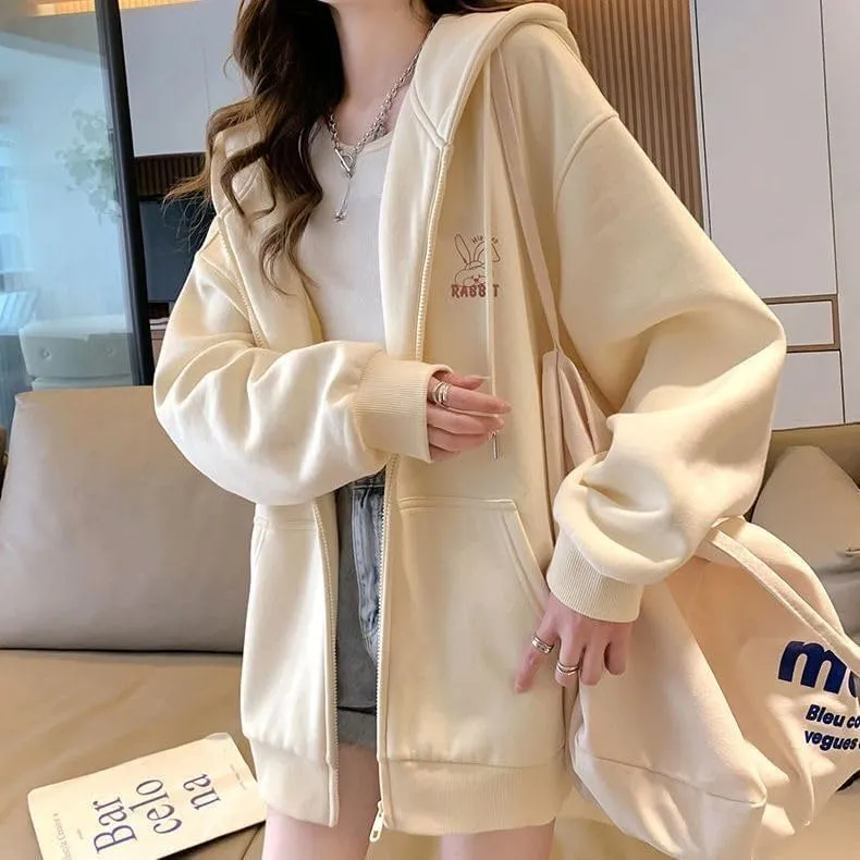 Women Cute Oversized Hoodies Goth Bunny Graphic Zip Up Hoodie Y2K Plain Streetwear Emo Cardigan Jacket Sweatshirts
