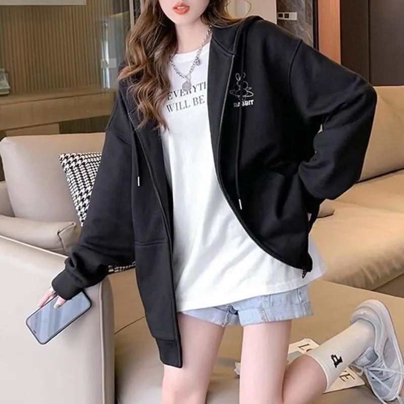 Women Cute Oversized Hoodies Goth Bunny Graphic Zip Up Hoodie Y2K Plain Streetwear Emo Cardigan Jacket Sweatshirts