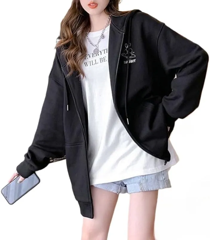 Women Cute Oversized Hoodies Goth Bunny Graphic Zip Up Hoodie Y2K Plain Streetwear Emo Cardigan Jacket Sweatshirts