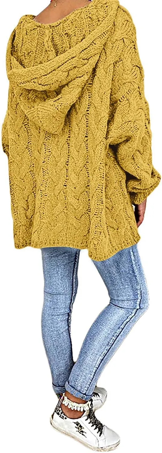 Women Hooded Cable Knit Sweaters Solid Color Long Seelve Chunky Pullover Sweater Casual Jumper Top Oversized Hoodies