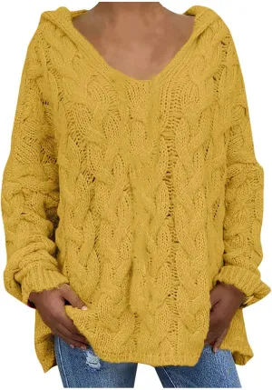 Women Hooded Cable Knit Sweaters Solid Color Long Seelve Chunky Pullover Sweater Casual Jumper Top Oversized Hoodies