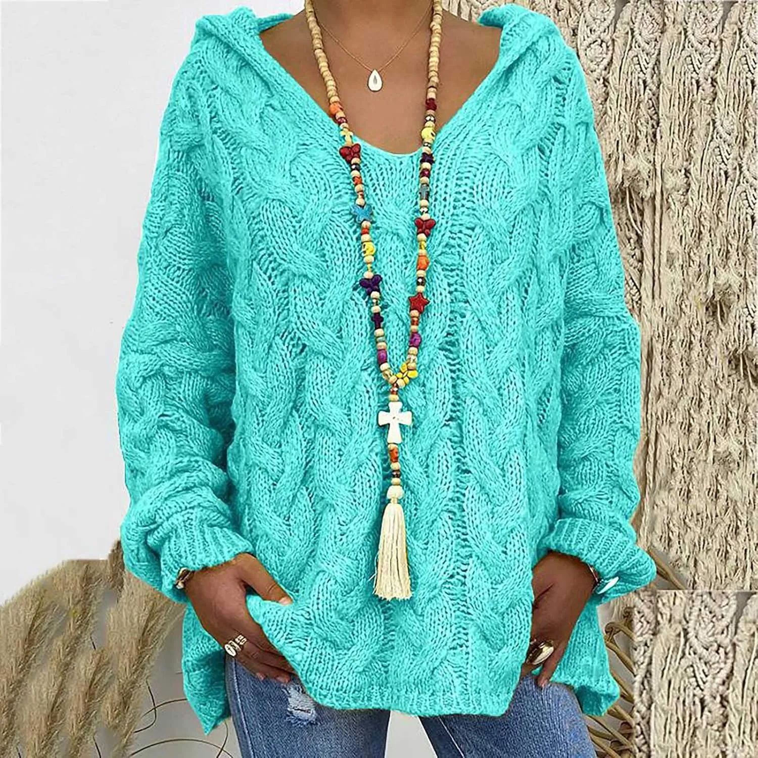 Women Hooded Cable Knit Sweaters Solid Color Long Seelve Chunky Pullover Sweater Casual Jumper Top Oversized Hoodies