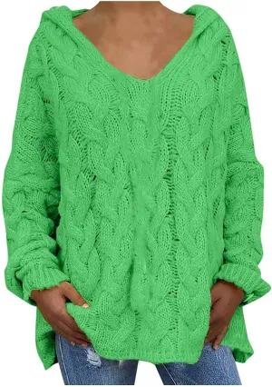 Women Hooded Cable Knit Sweaters Solid Color Long Seelve Chunky Pullover Sweater Casual Jumper Top Oversized Hoodies