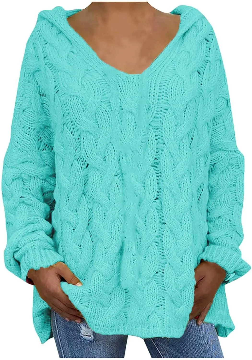 Women Hooded Cable Knit Sweaters Solid Color Long Seelve Chunky Pullover Sweater Casual Jumper Top Oversized Hoodies