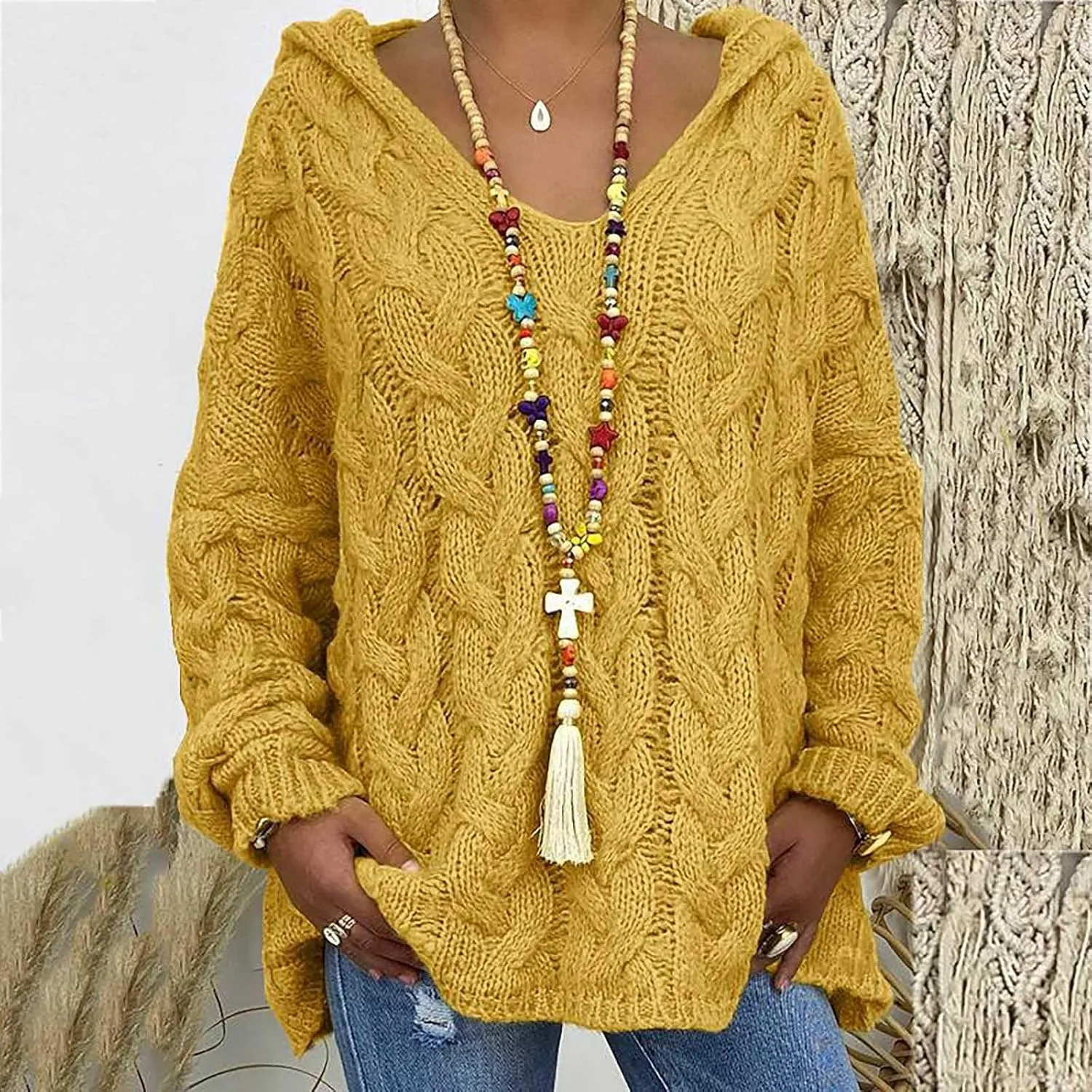 Women Hooded Cable Knit Sweaters Solid Color Long Seelve Chunky Pullover Sweater Casual Jumper Top Oversized Hoodies