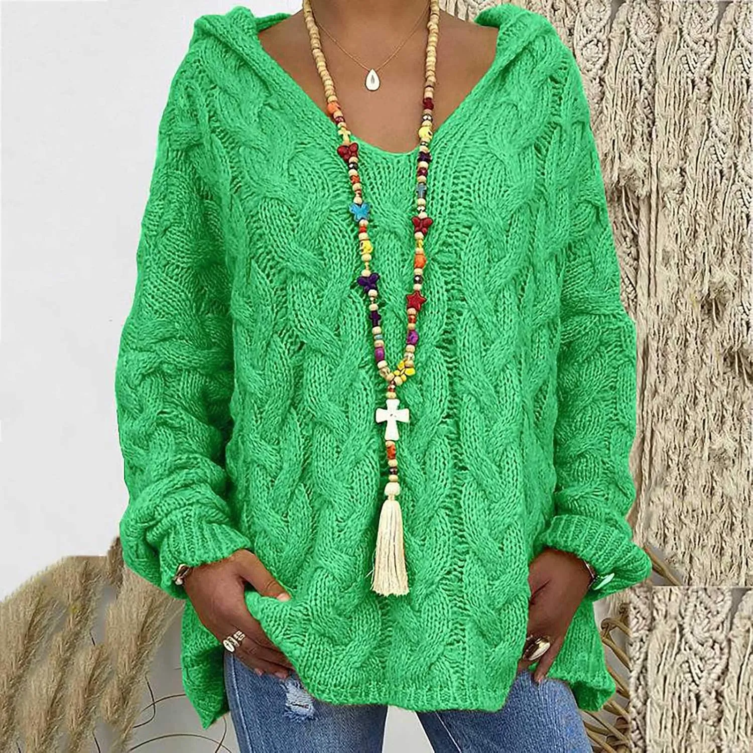 Women Hooded Cable Knit Sweaters Solid Color Long Seelve Chunky Pullover Sweater Casual Jumper Top Oversized Hoodies