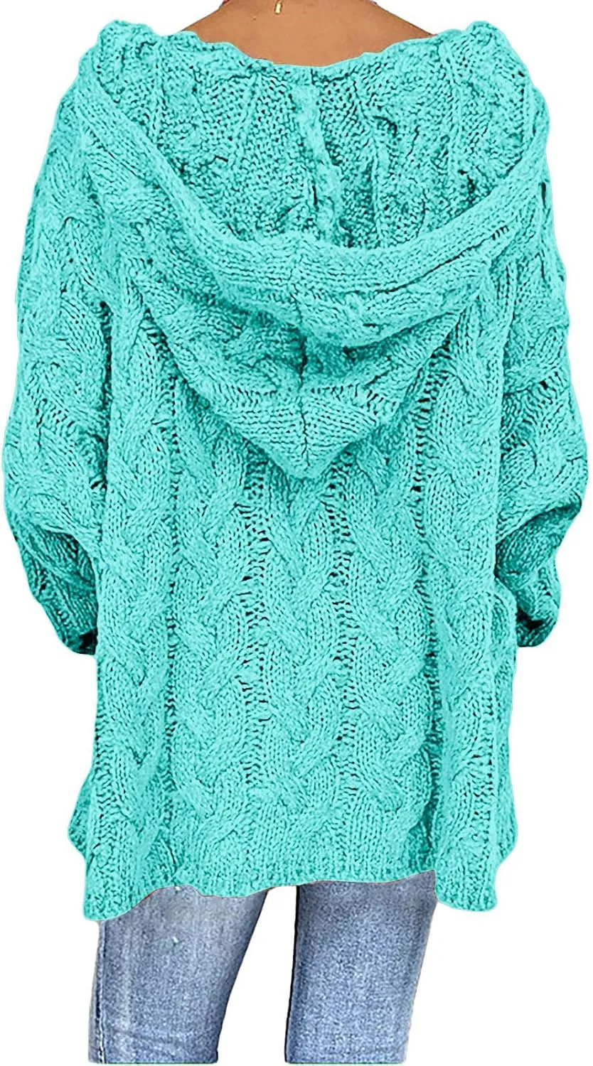 Women Hooded Cable Knit Sweaters Solid Color Long Seelve Chunky Pullover Sweater Casual Jumper Top Oversized Hoodies