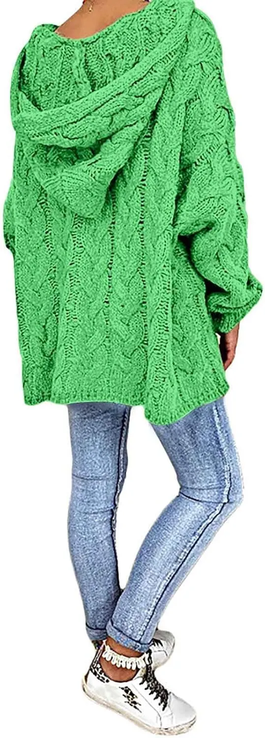 Women Hooded Cable Knit Sweaters Solid Color Long Seelve Chunky Pullover Sweater Casual Jumper Top Oversized Hoodies
