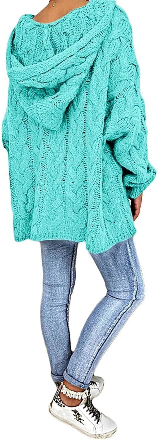 Women Hooded Cable Knit Sweaters Solid Color Long Seelve Chunky Pullover Sweater Casual Jumper Top Oversized Hoodies