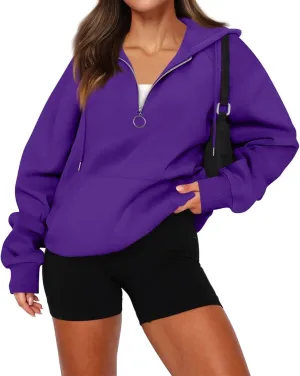 Women Hoodies Fashion Casual Long Sleeve Solid Color Half Zip Hooded Sweatshirt With Pocket