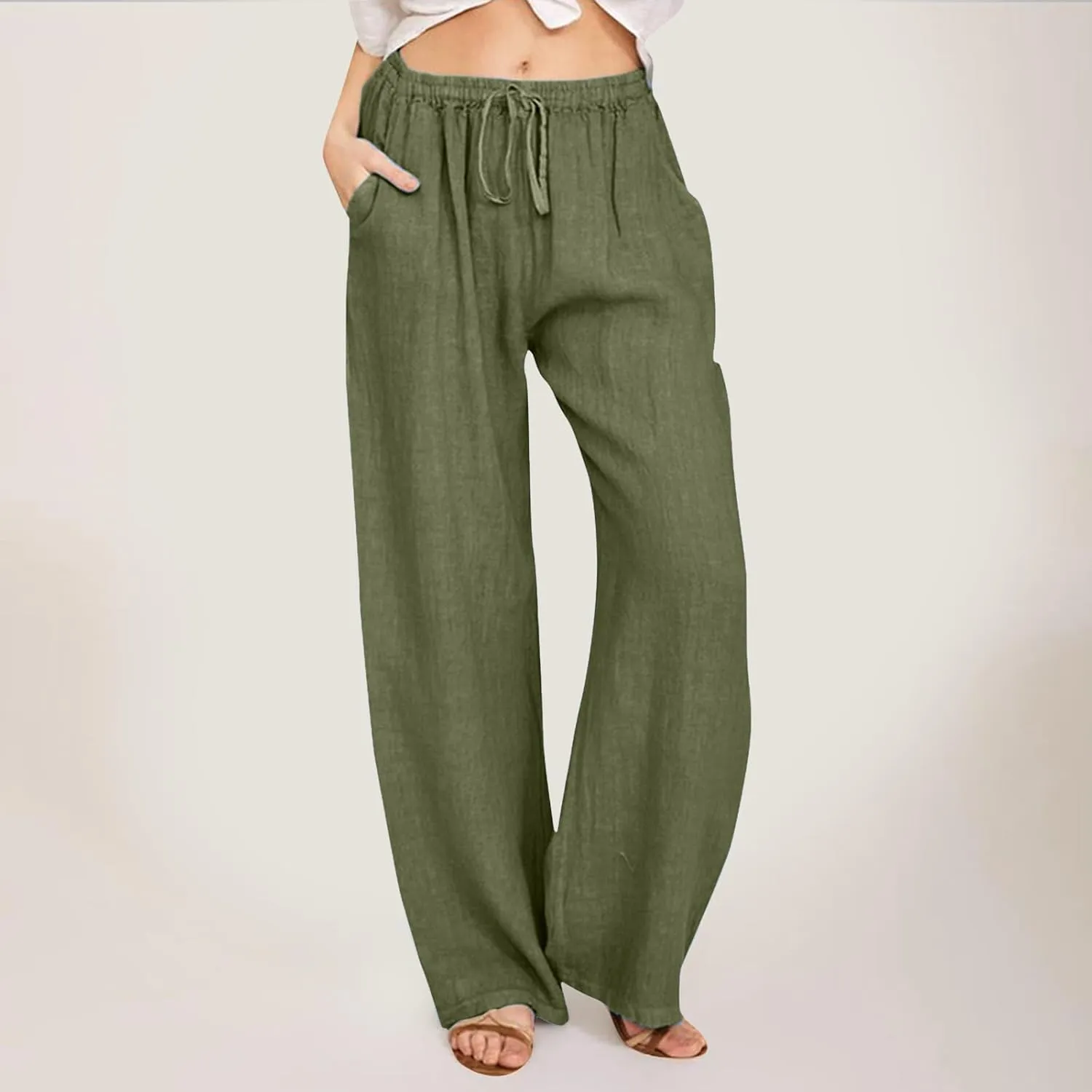 Women Linen Summer Palazzo Pant Flowy Wide Leg Boho Pants Elastic High Waist Pull On Trouser with Pocket