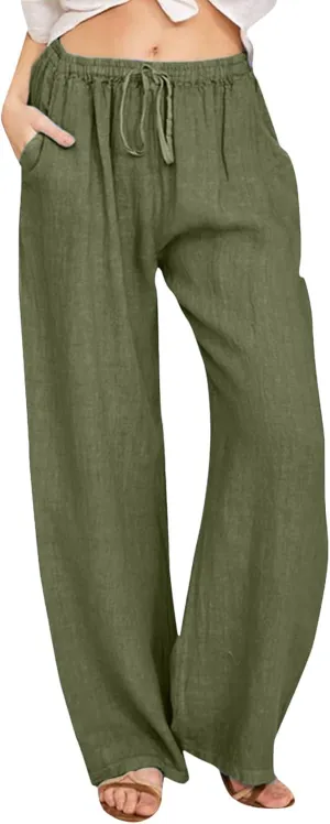 Women Linen Summer Palazzo Pant Flowy Wide Leg Boho Pants Elastic High Waist Pull On Trouser with Pocket