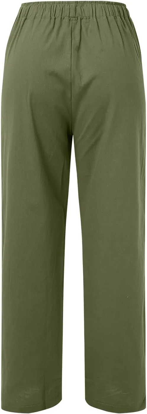 Women Linen Summer Palazzo Pant Flowy Wide Leg Boho Pants Elastic High Waist Pull On Trouser with Pocket