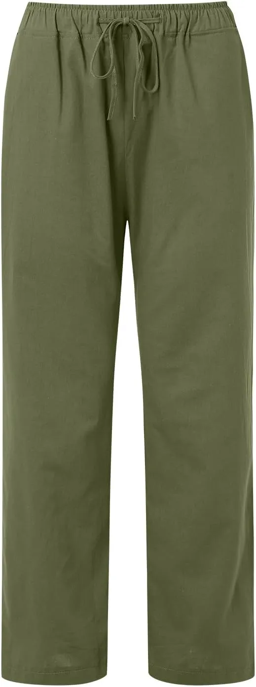 Women Linen Summer Palazzo Pant Flowy Wide Leg Boho Pants Elastic High Waist Pull On Trouser with Pocket