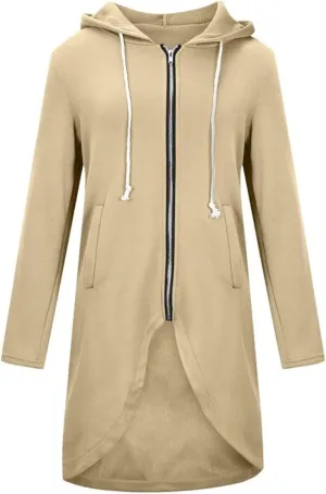 Women Long Zipper Hoodie, Long Sleeve Hooded Sweatshirt Fleece Drawstring Jacket Oversized Tunic Cardigan with Pocket
